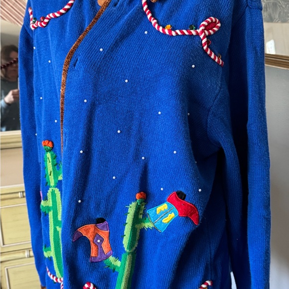 Quacker Factory Royal Blue Embroidered Cactus Cowgirl Rodeo Cardigan - Picture 4 of 7